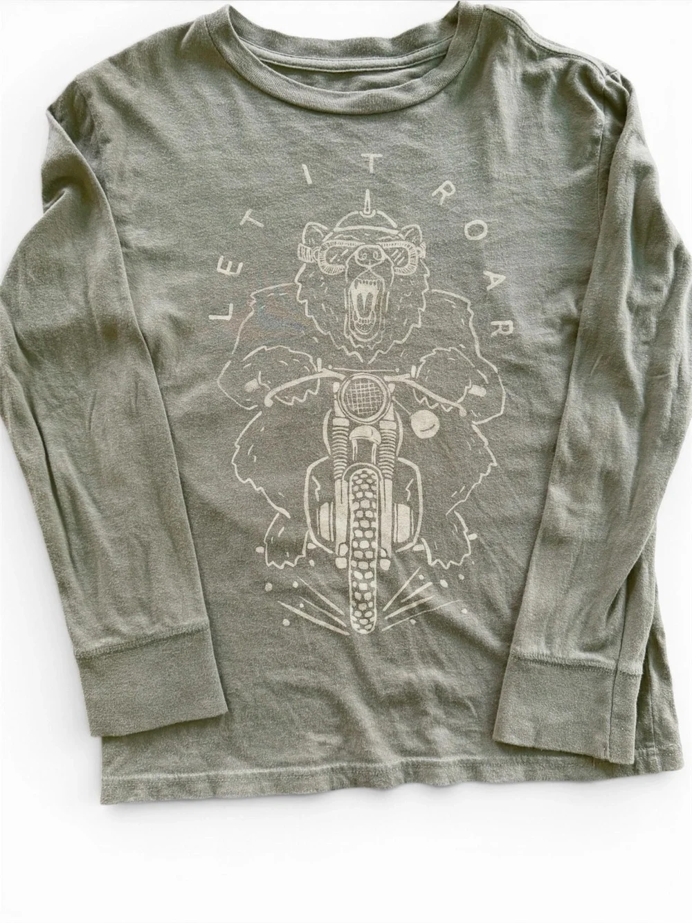Aēropostale Olive Army Green Long-Sleeve T-shirt w Motorcycle Bear Boys Size 8